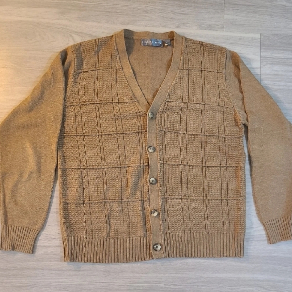 VTG Oscar De La Renta Mens XL Acrylic Blend Button Cardigan Camel Texture Grid